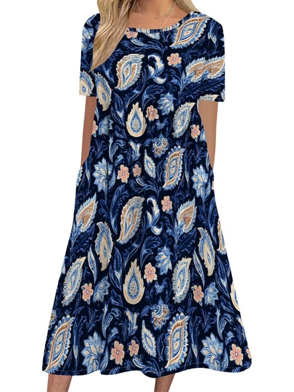 Women's Dark Blue Sleeve Crewneck Floral Print Casual Mode Maxi Long Dress